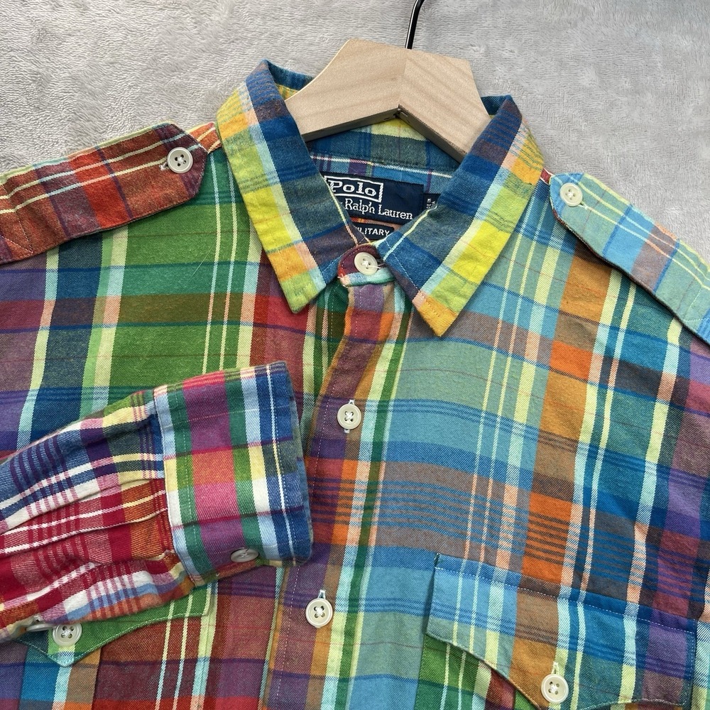 Polo Ralph Lauren Shirt Mens M Multicolor Check Plaid Trim Military India